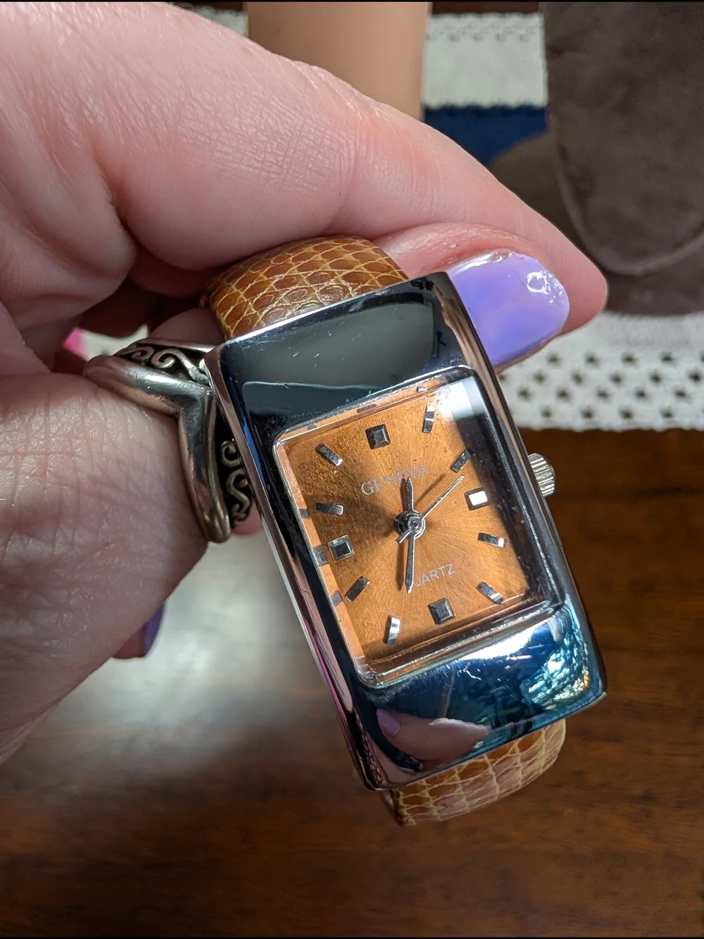 Geneva Silver-Tone Watch Orange Dial and Brown Leather Hinged Cuff Strap